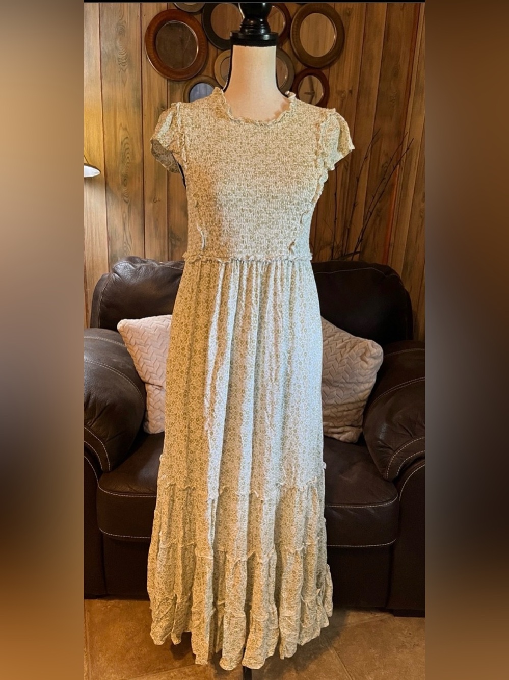 In Bloom Light Sage Floral Smocked Lined Maxi Dress Cottagecore Prairie Ditsy - Picture 2 of 10